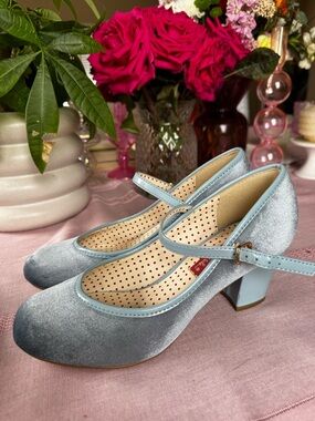 Light Blue Velvet Mary Jane Heels - Women